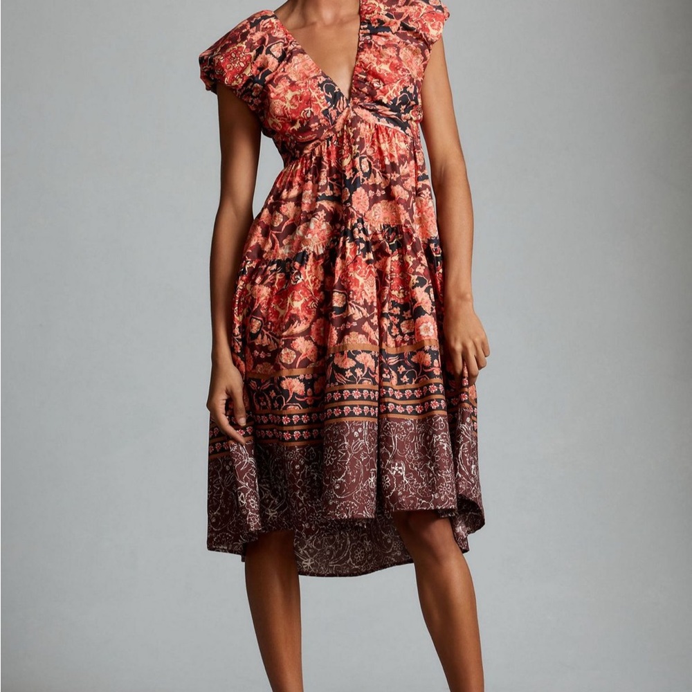 Anthropologie Floral V-Neck Dress in Red and Brown